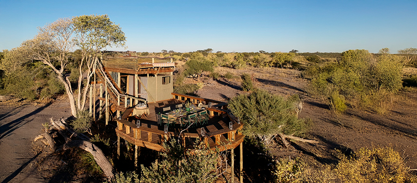 The main dining and gathering deck at Skybeds overlooking the surrounding wilderness.