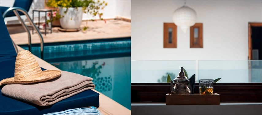 Relaxing poolside details with a straw hat, folded towel, and a tray of Moroccan tea on a sunny day.