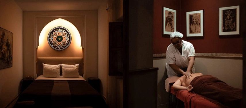Peaceful riad interior showing a warmly lit bedroom and a therapist giving a relaxing massage.
