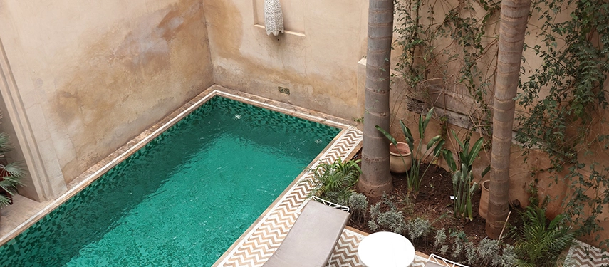 Intimate plunge pool at Dar Bensouda framed by tall palms and patterned tiling.