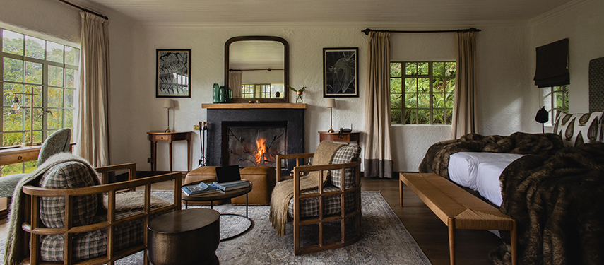 Sumptuous colonial-style lounge at Sabyinyo Lodge, Volcanoes National Park, Rwanda