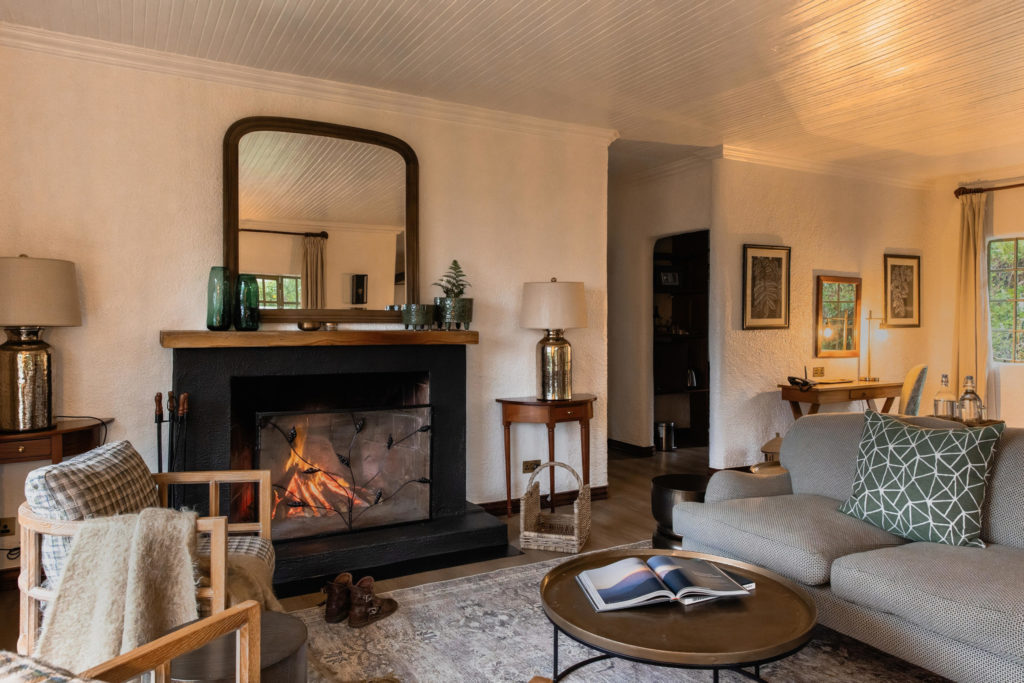 Sumptuous colonial-style lounge at Sabyinyo Lodge, Volcanoes National Park, Rwanda