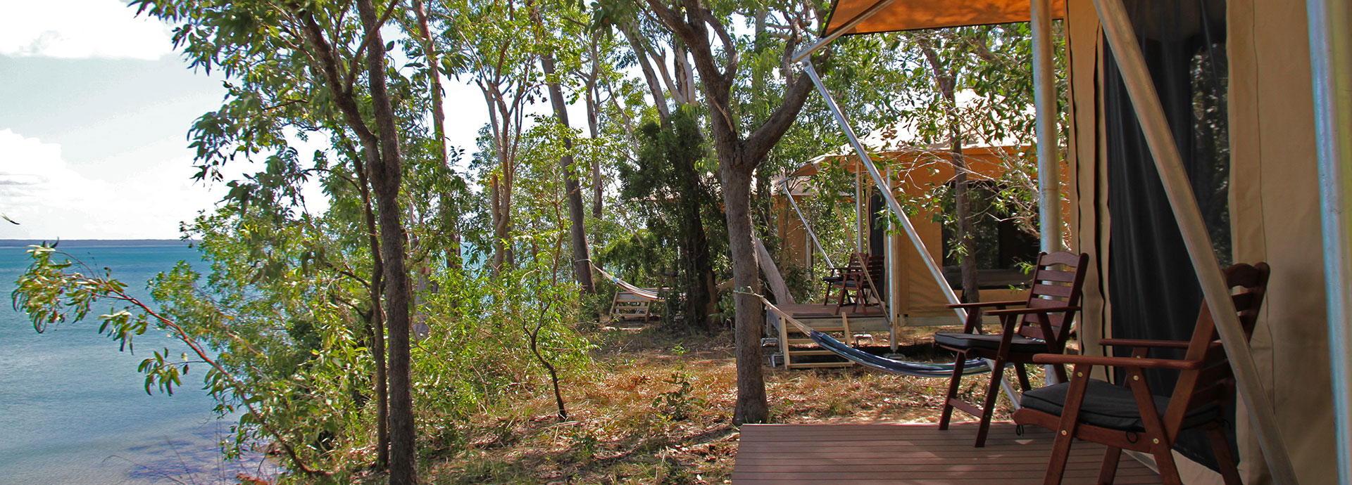 Enjoy views of the Cobourg Peninsula coastline from your tent's deck at Cobourg Coastal Camp
