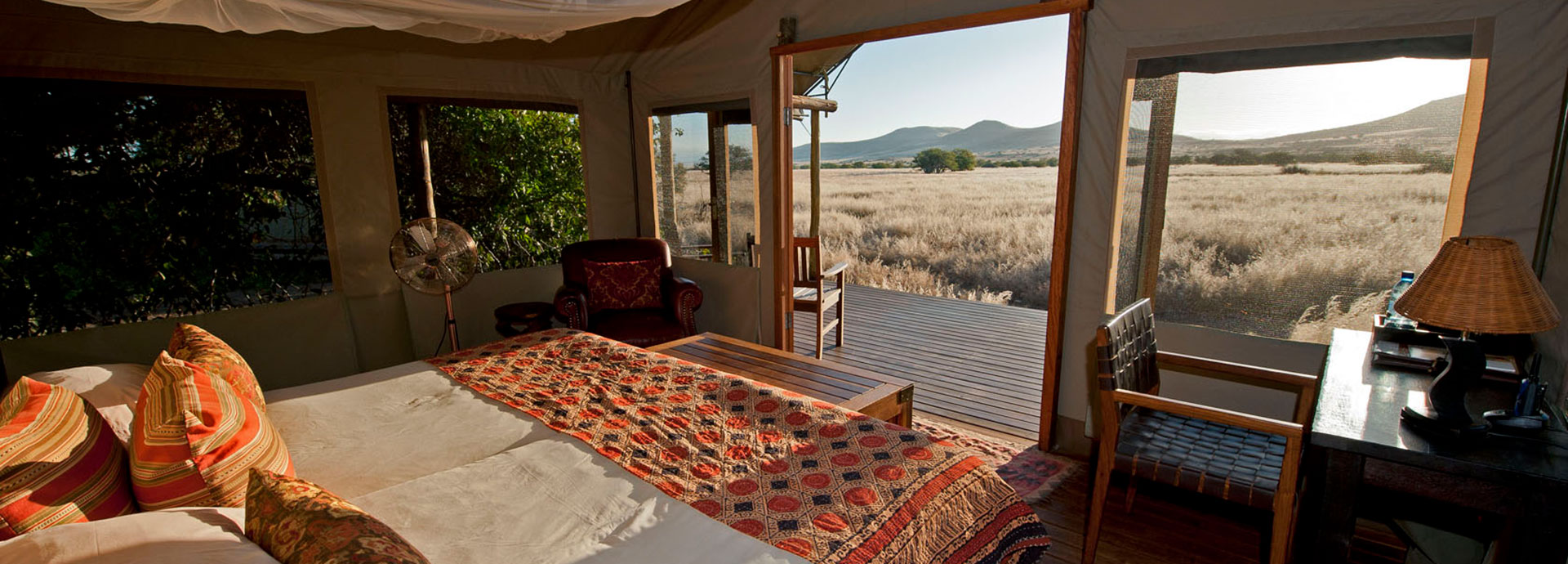 Keep an eye out for the rare Hartmann's mountain zebra from your room at Desert Rhino Camp