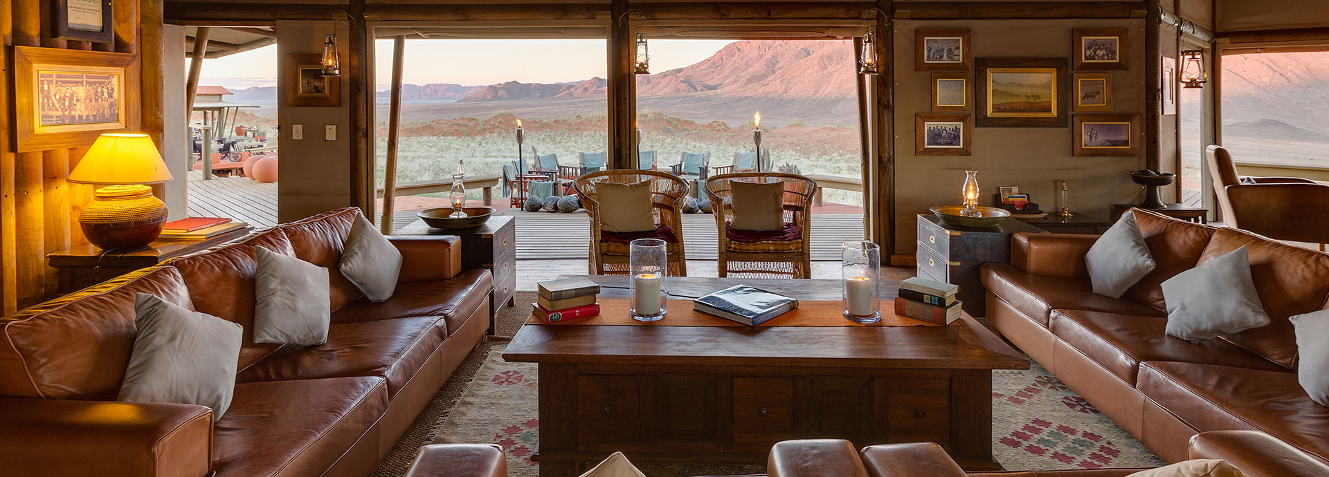 Lounge with views out to ethereal desert-scapes at Wolwedans Dunes Lodge