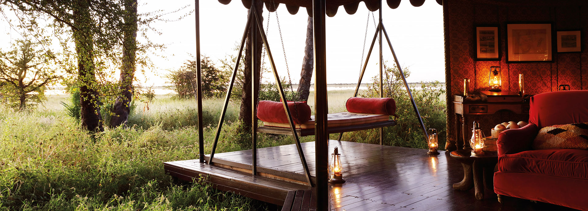Relax with a book on the swing at Jack's Camp in Botswana