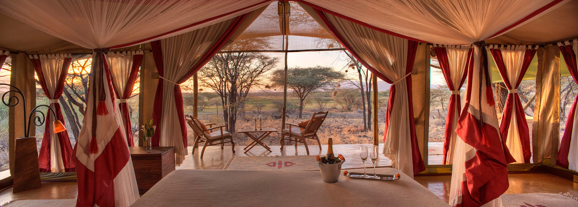 Champagne and relaxation in the lounge at Joy's Camp