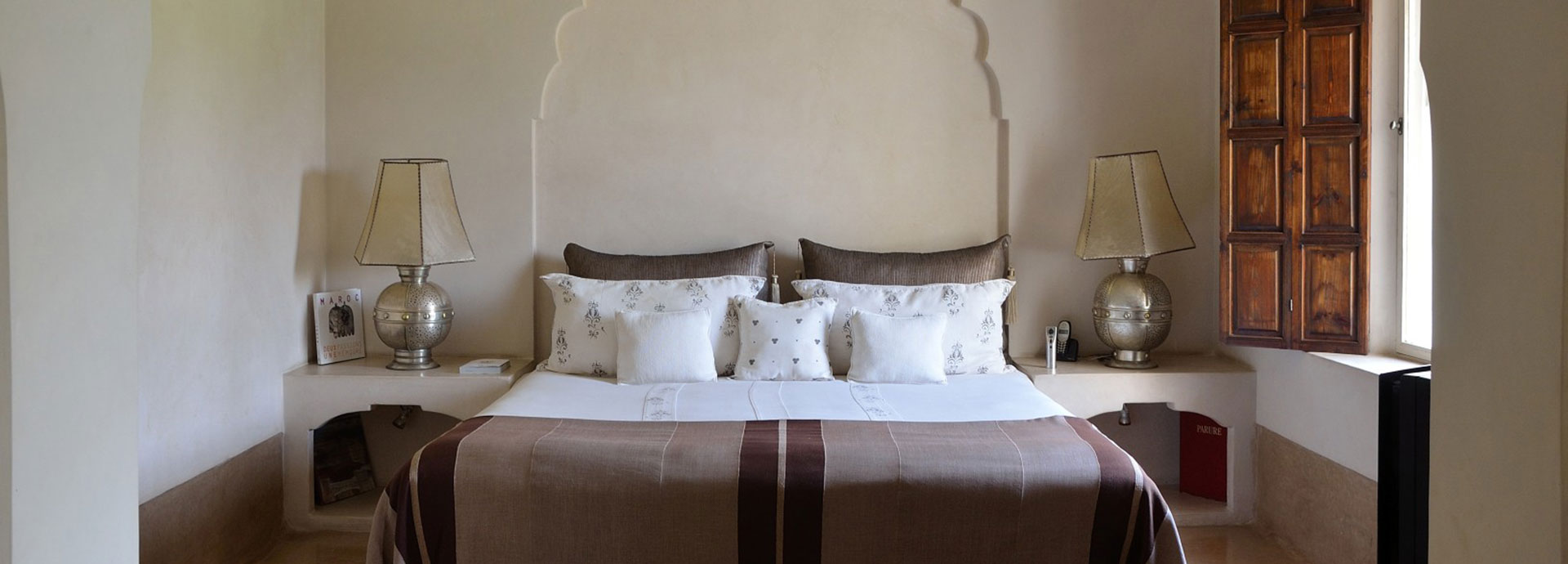Simple yet tastefully designed rooms at Ksar Char Bagh emulate traditional Moroccan design
