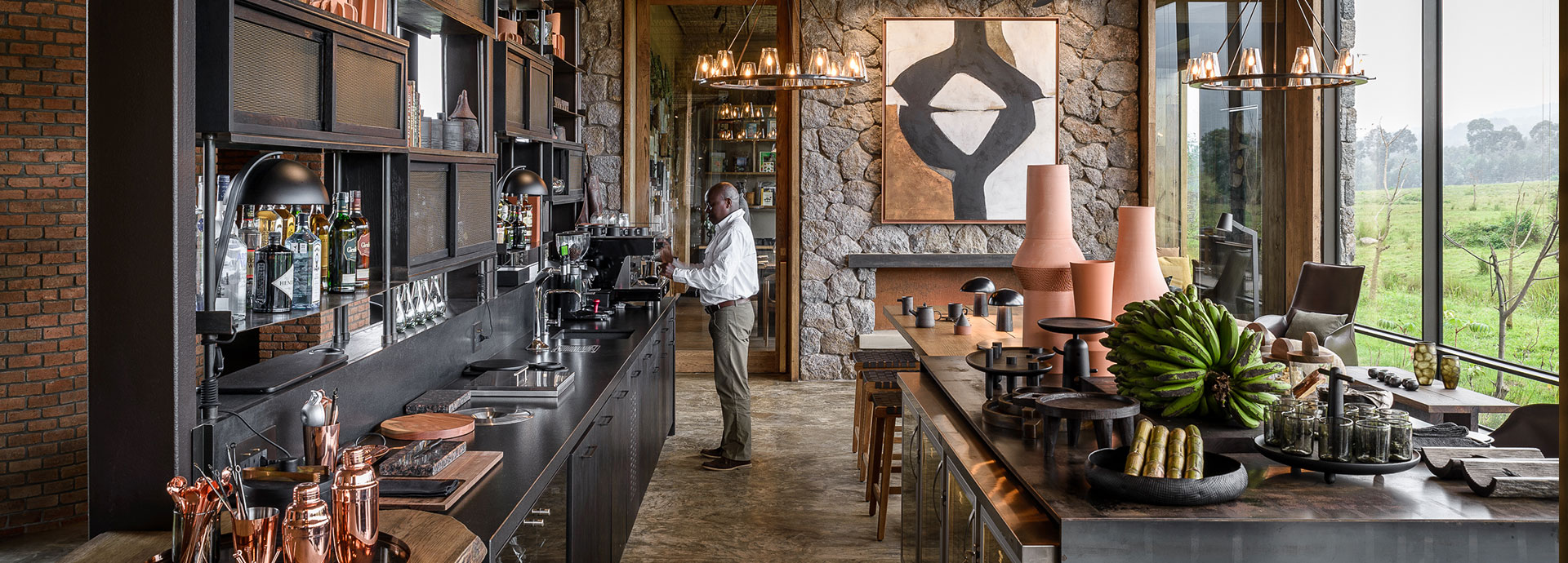 Luxury bar at Singita Kwitonda is a great place to unwind after a day trekking for gorillas