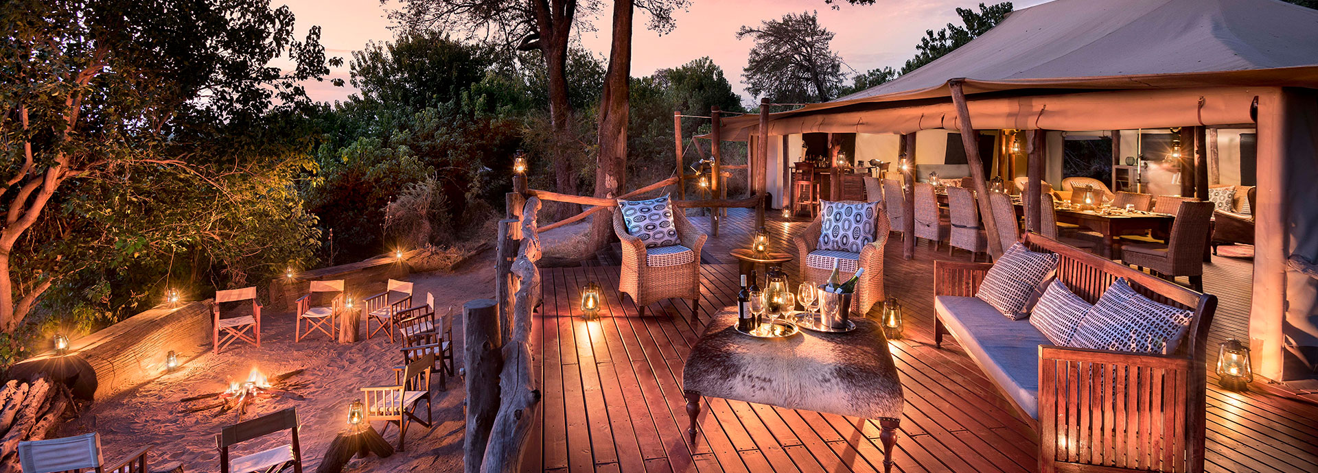 A cozy and intimate dining experience at Linyanti Bush Camp
