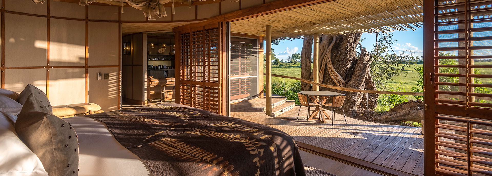 Look out from the lavish interiors of your room at Mombo Camp on Chiefs Island