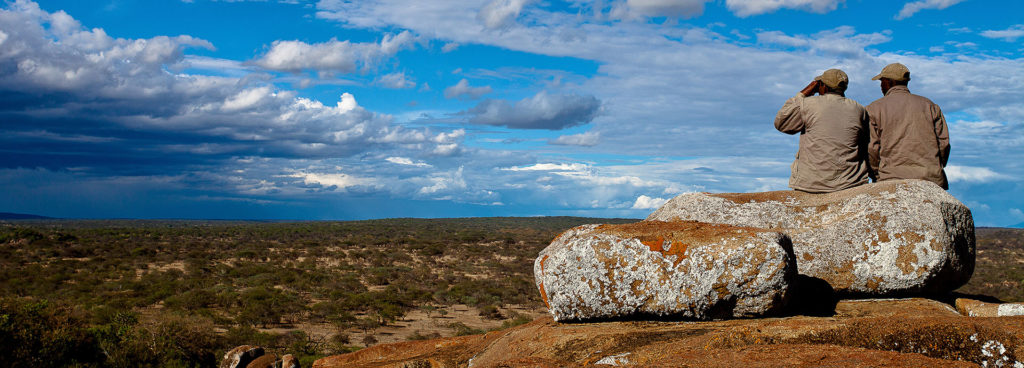 Couple looks to the horizon on safari in Africa