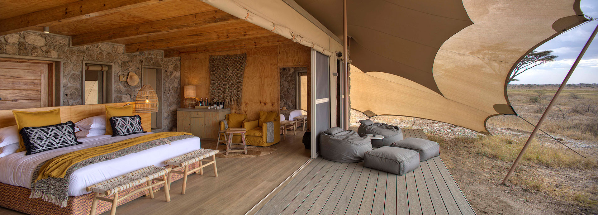 Direct views over the remote Eastern Serengeti from the comfort of bed at Namiri Plains