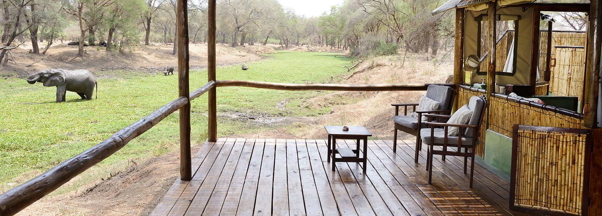 Rustic luxury tents at Old Mondoro in the Lower Zambezi National Park, Zambia
