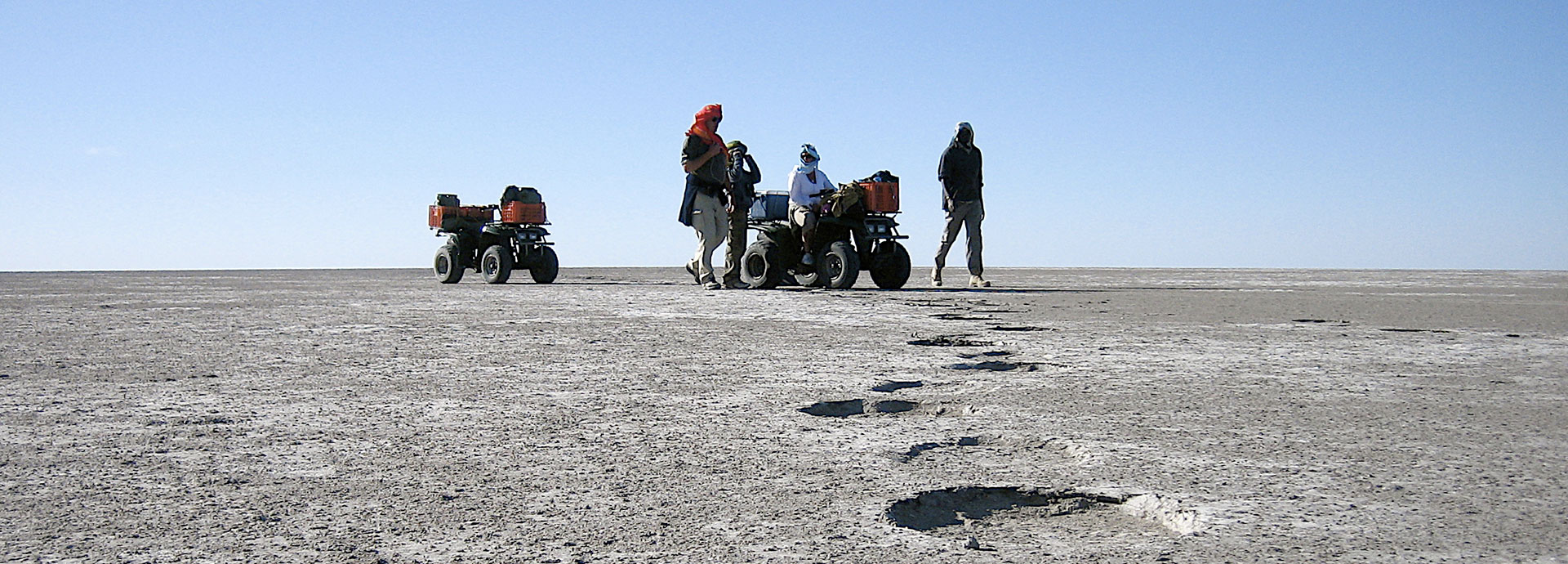 Quad biking safari on the Makgadikgadi Salt Pans at Planet Baobab in Botswana