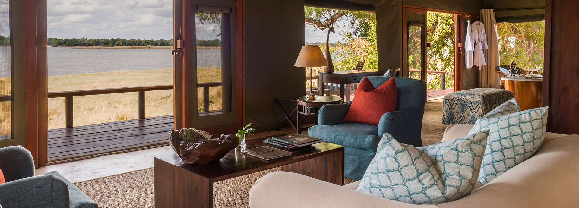Spot a croc or a hippo in the river from the lounge at the Royal Zambezi
