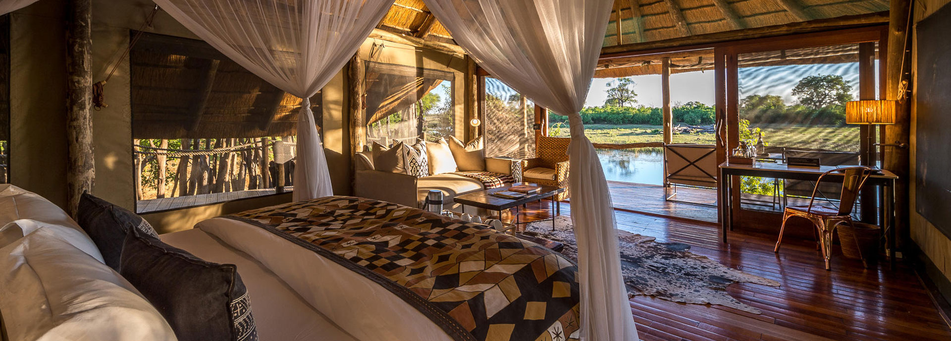 Endless views of the Savute Channel from your luxury tent at Savuti Camp