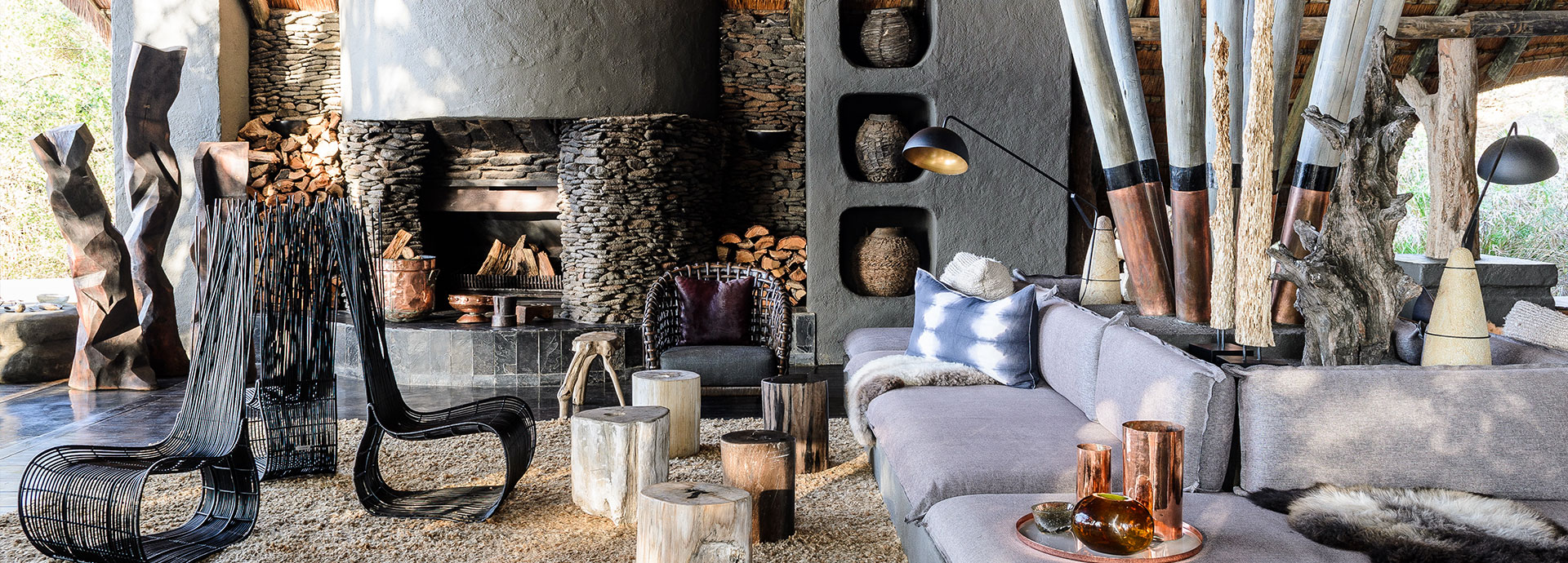 Singita Boulders main communal lounge area is the epitome of African safari chic.