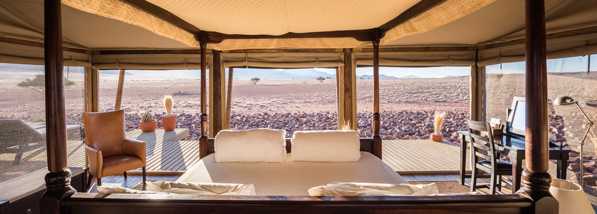 Expansive views of the Namib Rand Desert from your tent at Wolwedans Private Camp in Namibia