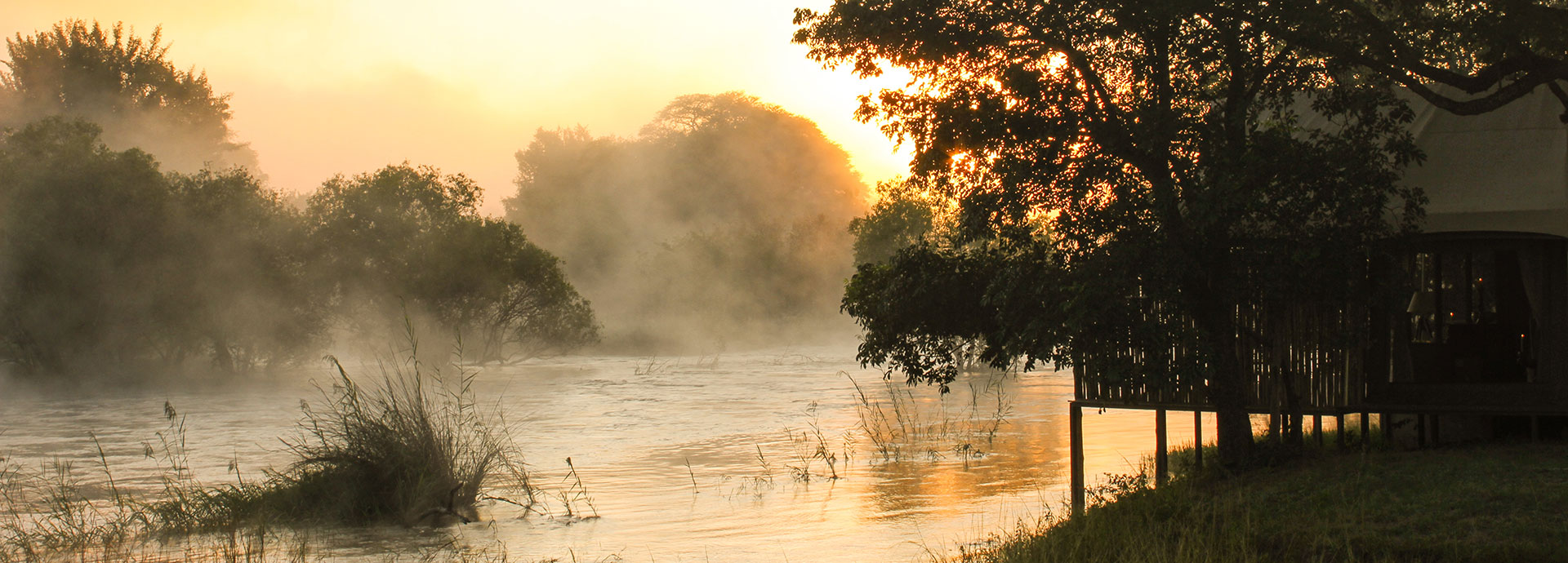 Luxury tents are located on the banks of the Zambezi River in Zimbabwe