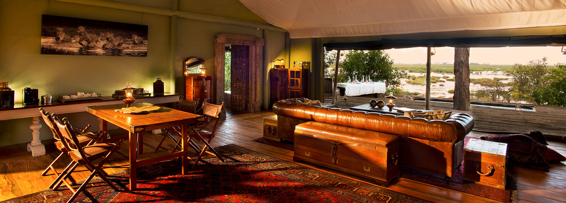 Take a moment to rest in the leather chairs while looking out to the Zibadianja Lagoon while at Zarafa Dhow Suites