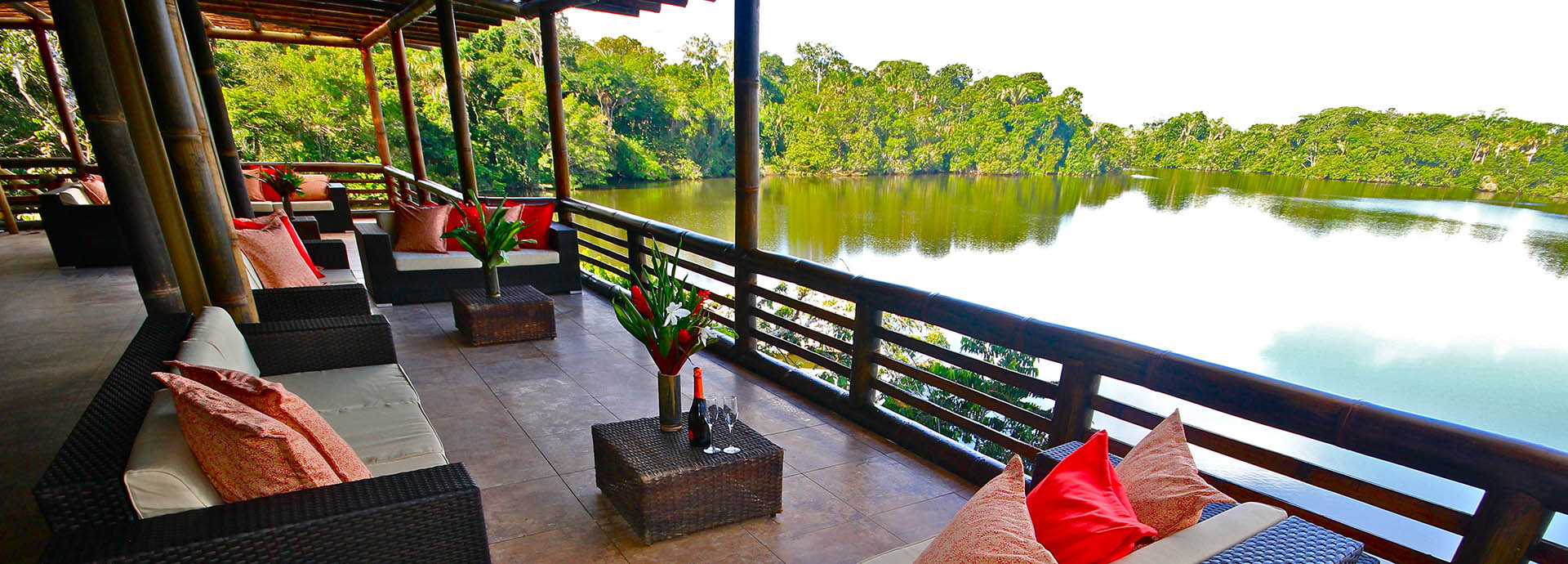 La Selva's lounge area with tranquil views across the Napo River