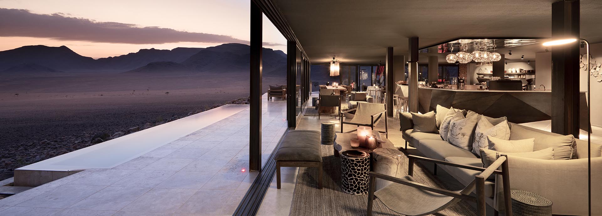 Dinner with a view from the mess guest area at andBeyond's Sossusvlei Desert Lodge