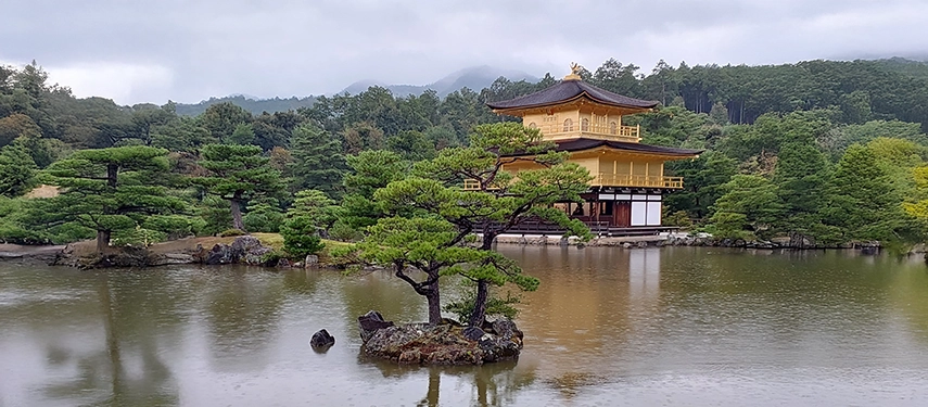 The Golden Pavilion reflected in still water, surrounded by manicured pines and autumn foliage in Kyoto.