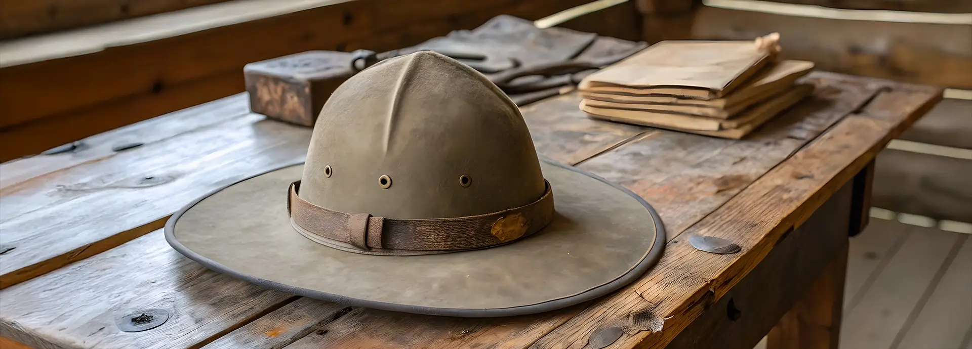 Classic safari hat on a wooden table with journals in the background