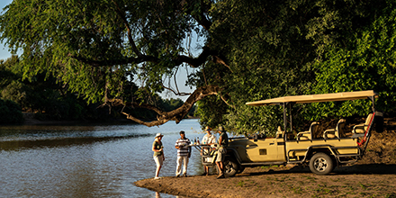 Guests enjoy a sundowner stop beside the Zambezi River, standing next to a safari vehicle beneath a large tree.