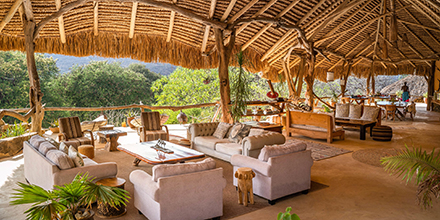 The breezy main lounge at Sarara Treehouses, featuring hand-carved furniture and a thatched roof opening out to forest views.