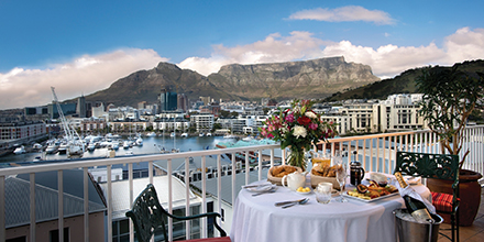 The Commodore Hotel balcony breakfast overlooking Cape Town