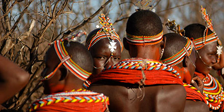 A group of Samburu tribespeople in traditional beaded dress