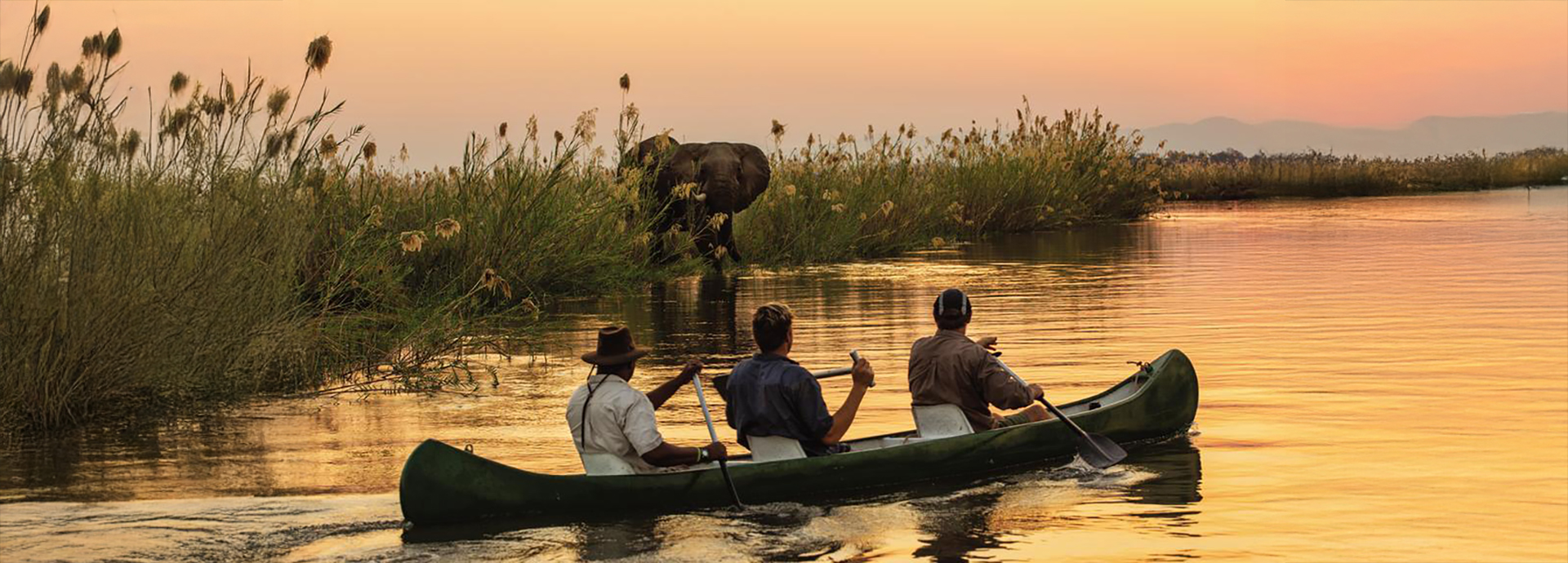Guests canoeing at sunset on the Zambezi River near Tembo Plains Camp in Sapi Reserve, Zimbabwe, approaching an elephant feeding on the riverbank.