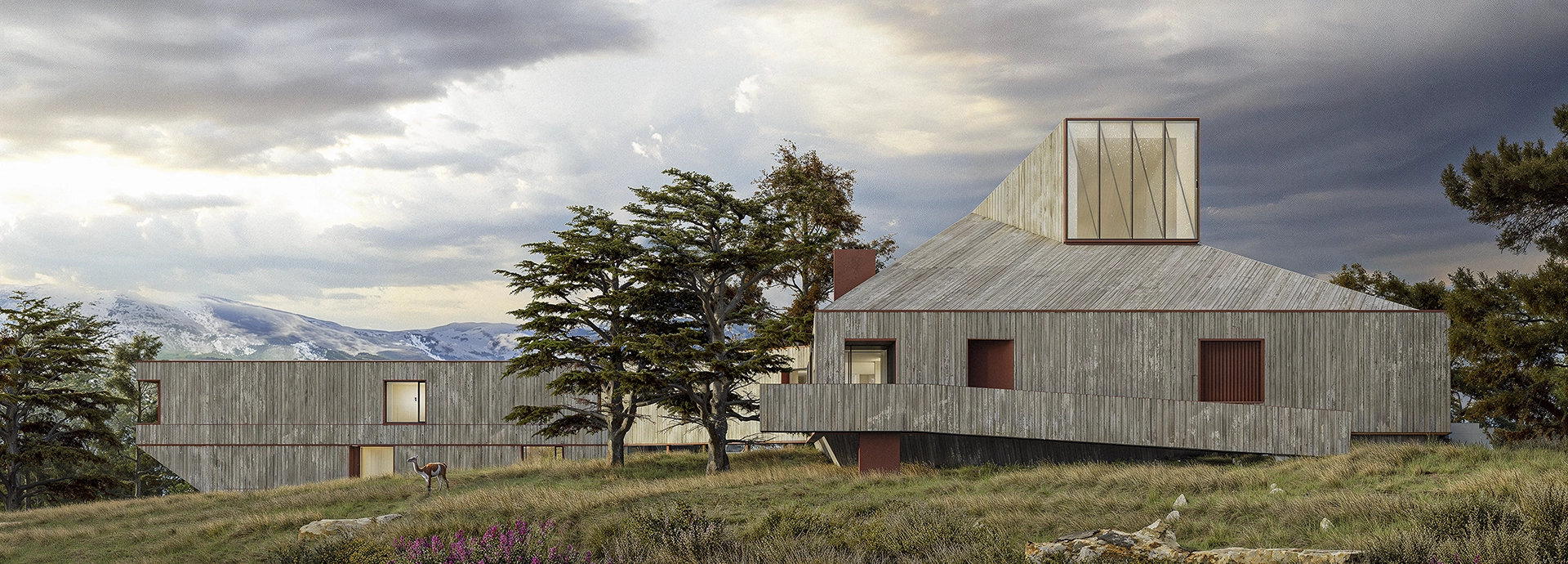 A contemporary timber lodge rises from a windswept Patagonian hillside, framed by dramatic skies and distant snow-dusted mountains.