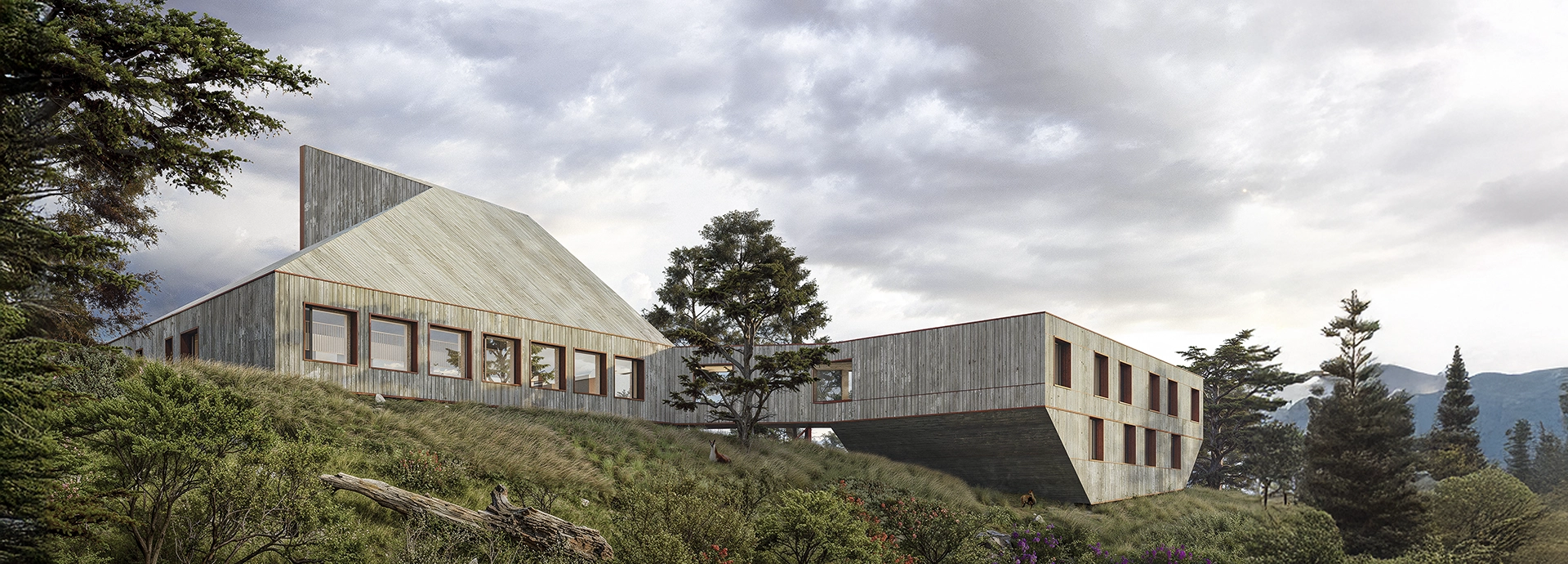 A modern angular lodge stretches across a wild Patagonian slope, its warm timber tones blending into the rugged landscape.