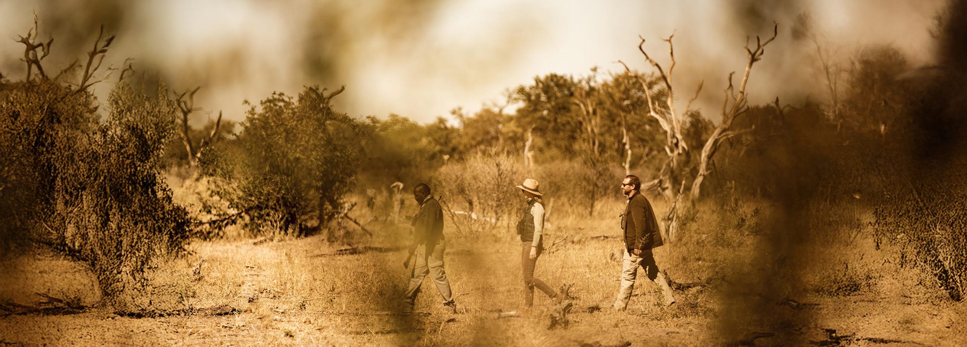 Walking safari across grasslands in Botswana