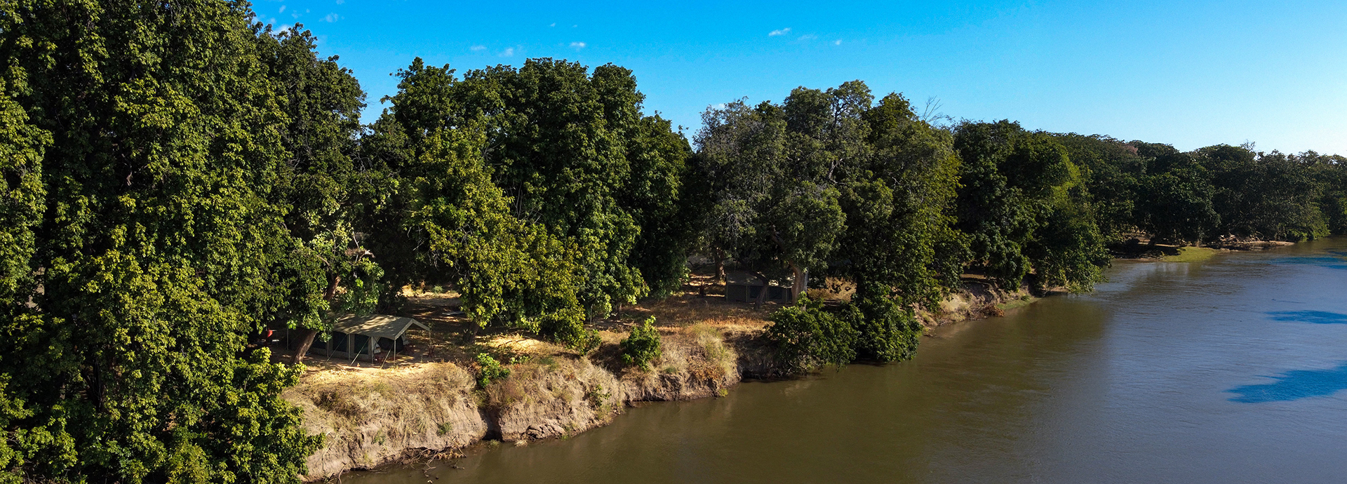 Tented suites line the edge of the Zambezi River beneath dense riverine trees, offering secluded riverside views.