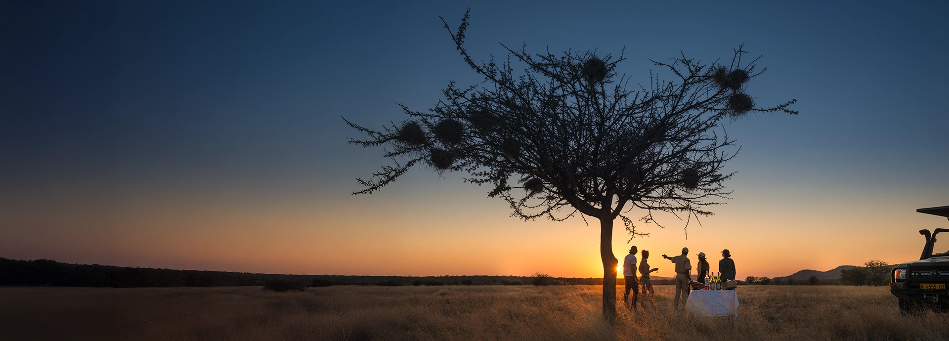 Silhouetted group enjoying sundowners beneath an acacia tree in Ongava Game Reserve as the sun sets over the Namibian plains.