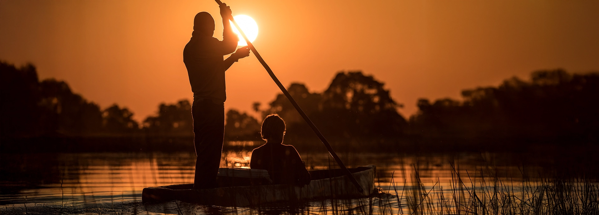 Traditional mokoro canoeing at sunset near Thamalakane River Lodge
