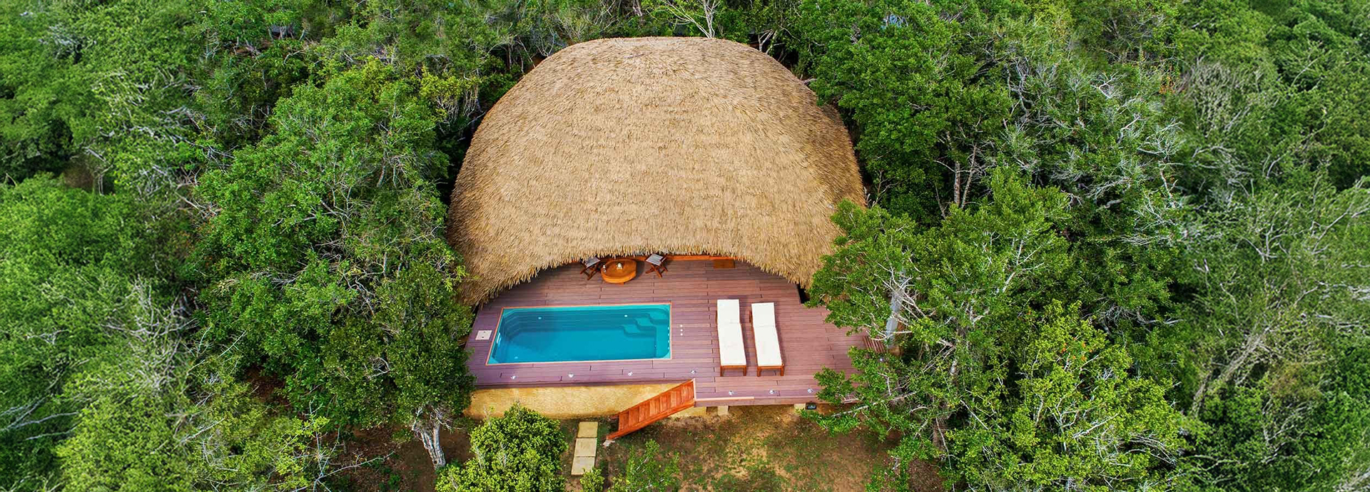 Aerial view of suite and private plunge pool surrounded by trees at Uga Chena Huts, Sri Lanka