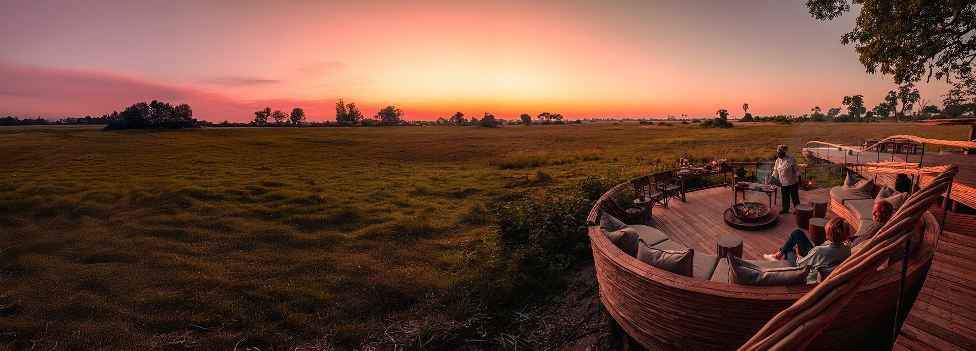 Little Mombo's boma lounge are at sunset