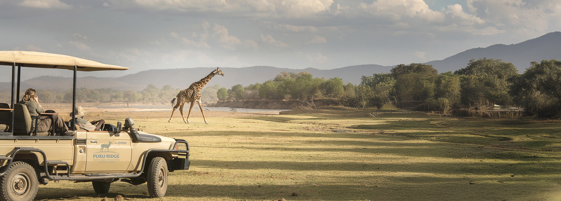 Giraffe & game vehicle, Puku Ridge, Zambia