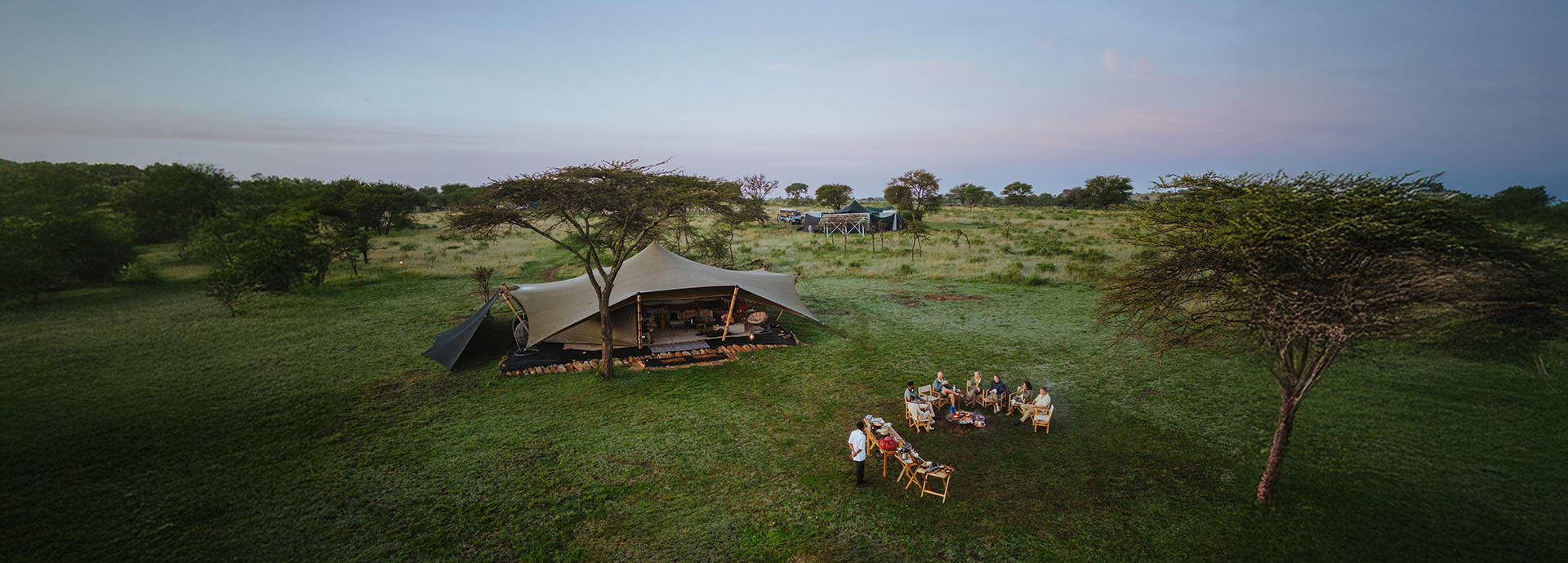 Aerial view of Usawa Serengeti mobile tented safari camp, Tanzania