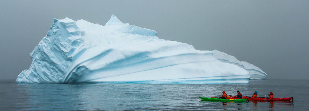 Kayakers paddle past a large iceberg in Antarctica