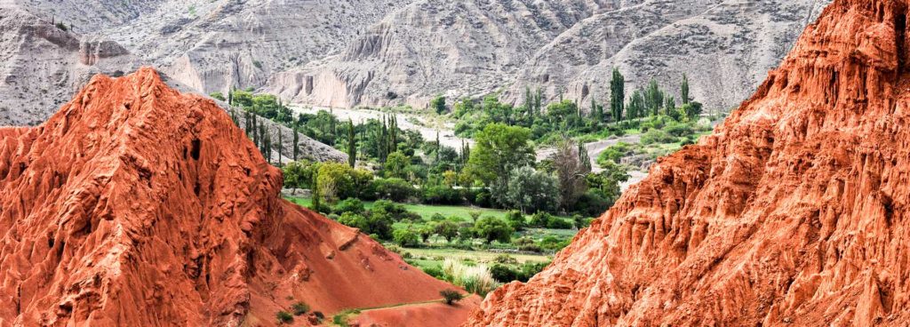 See striking contrasts between the green and earthy tones of the land in Salta when at Estancia el Bordo de las Lanzas
