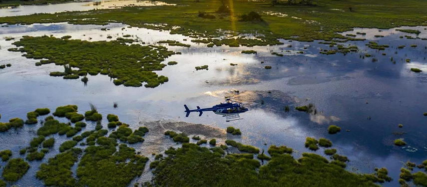 Helicopter over the Okavango Delta in Botswana