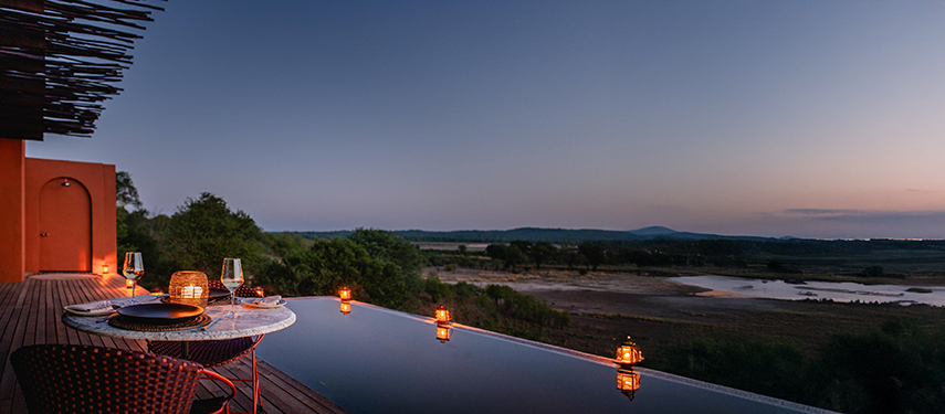 Chichele Presidential luxury safari Lodge private infinity pool at sunset in South Luangwa National Park, Zambia