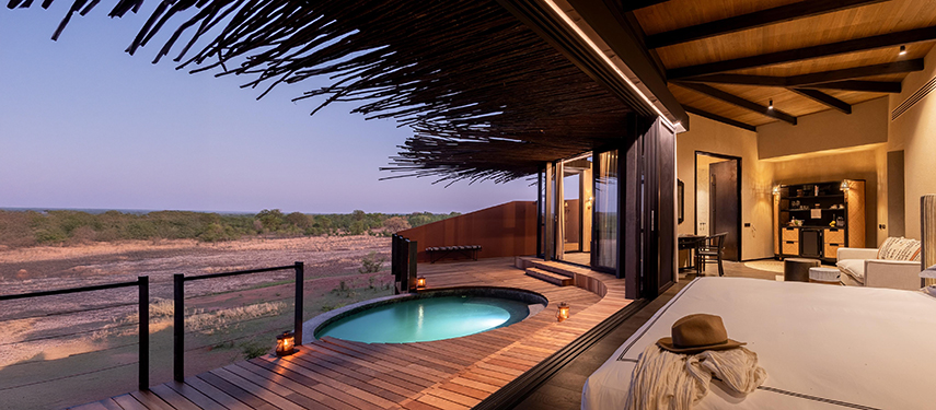 Chichele Presidential luxury safari Lodge private plunge pool at sunset in South Luangwa National Park, Zambia