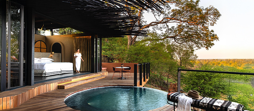 Chichele Presidential luxury safari Lodge bedroom with plunge pool in South Luangwa National Park, Zambia